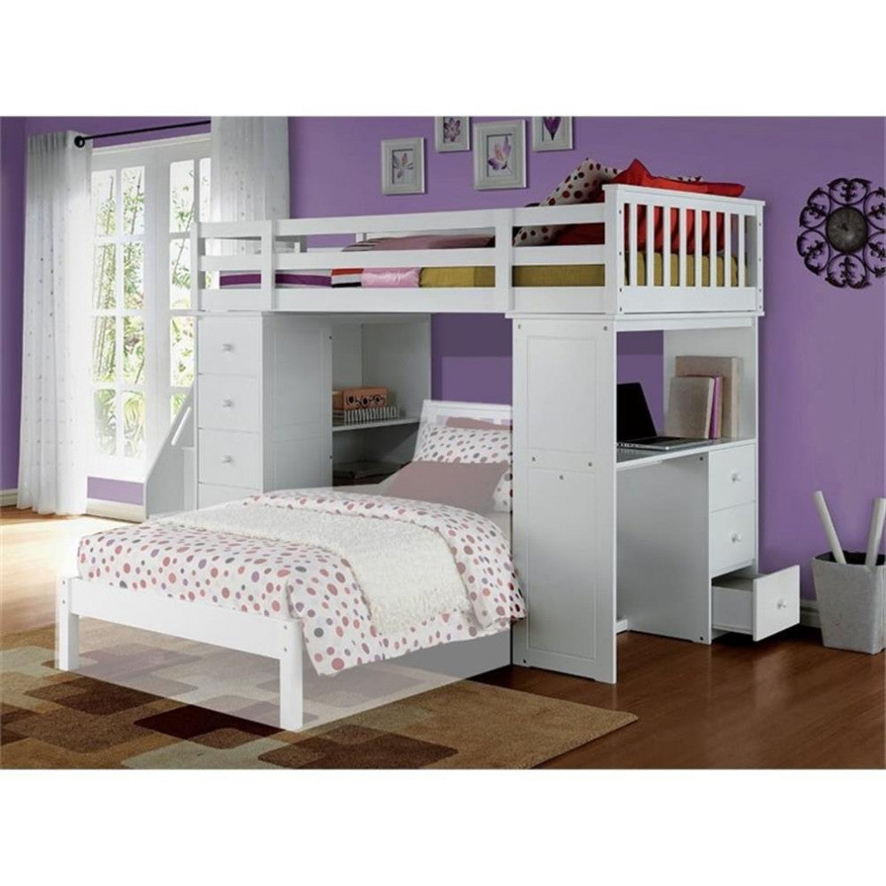 ACME Freya Solid Wood Storage Loft Bed with Bookshelf Ladder in White