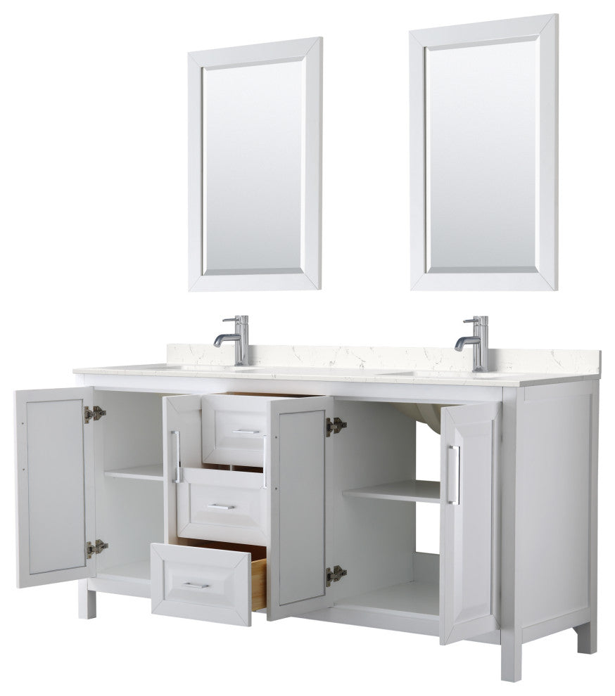 72, Double Vanity, White, Light-Vein Marble Top, SQ Sinks, 24, Mirrors