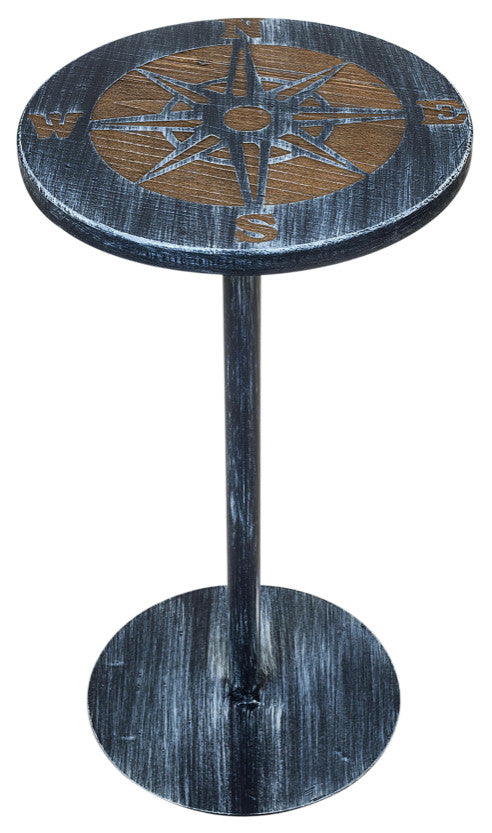 Weathered Navy and Stained Round Drink Table With Compass
