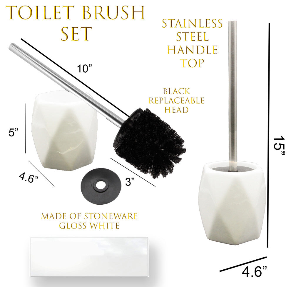 Bath Toilet Bowl Brush and Holder Diamond Stoneware White, White