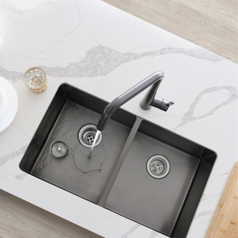 STYLISH 32in Graphite Black Double Bowl Undermount Stainless Steel Kitchen Sink