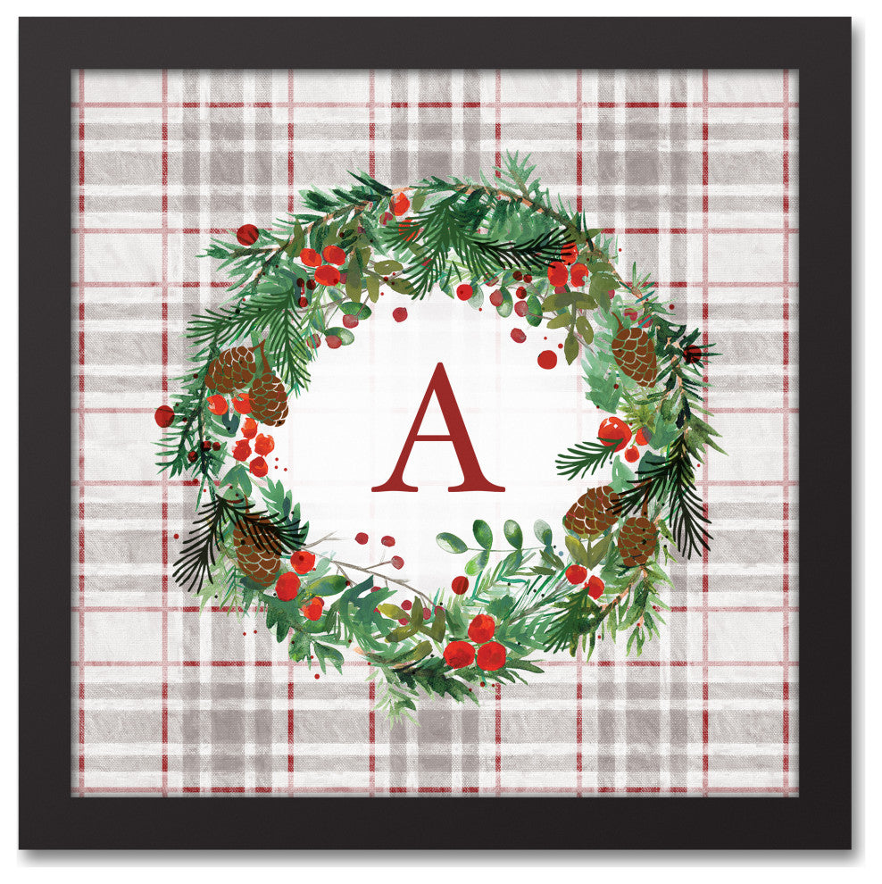 Holiday Gray Plaid Monogram Wreath A 12x12 Black Framed Canvas