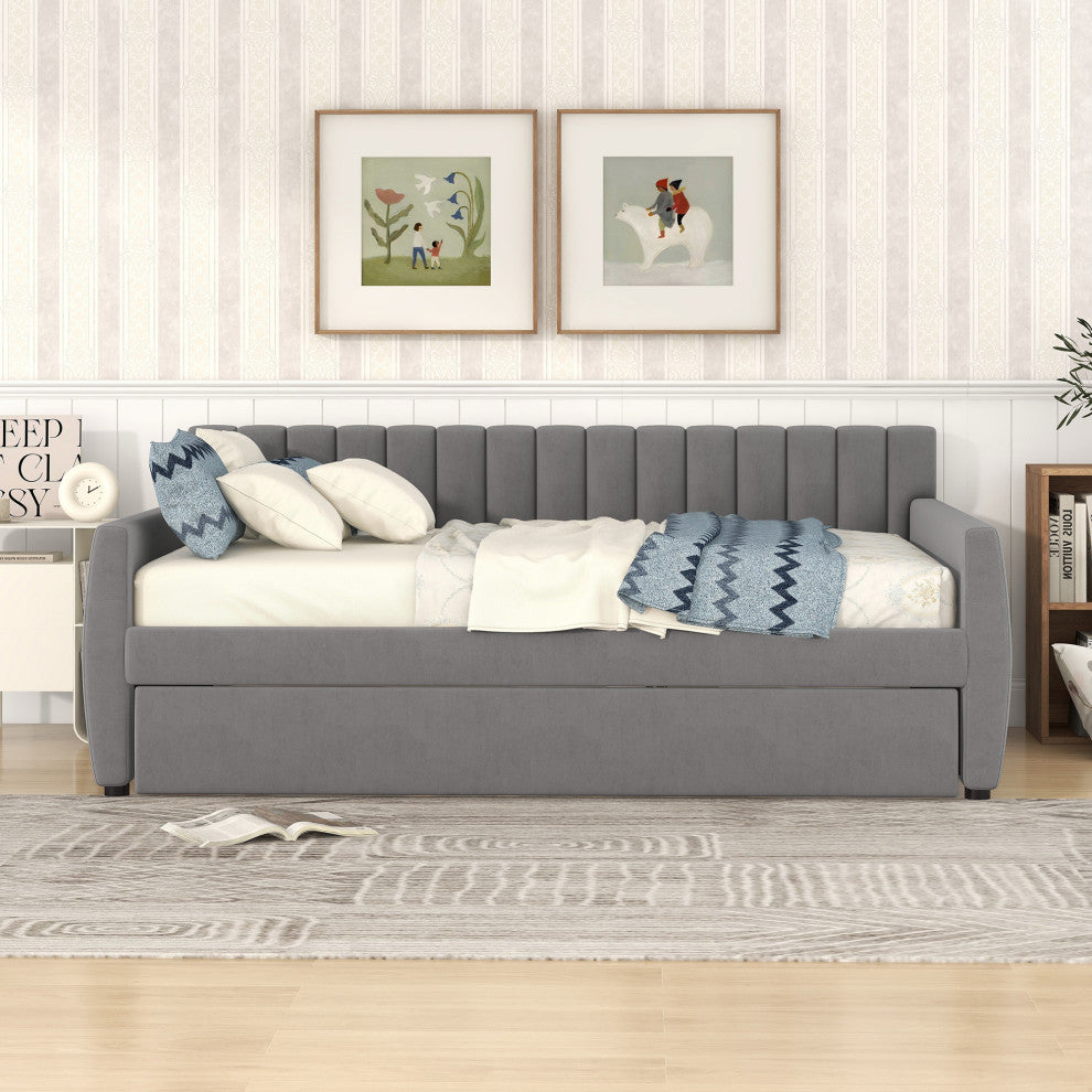 Gewnee Full Size Upholstered daybed with Trundle and Wood Slat Support