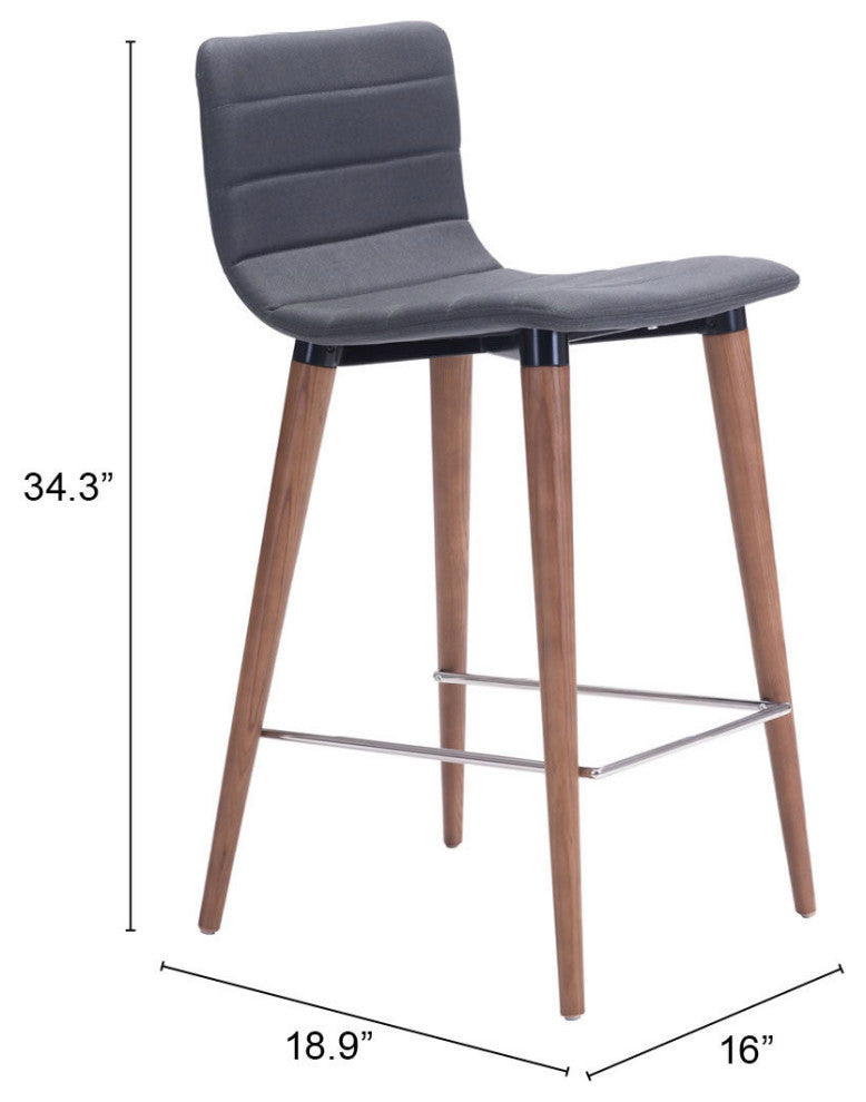 Counter Stool Chair, Set of 2, Fabric, Wood, Gray, Brown, Mid Century Cafe