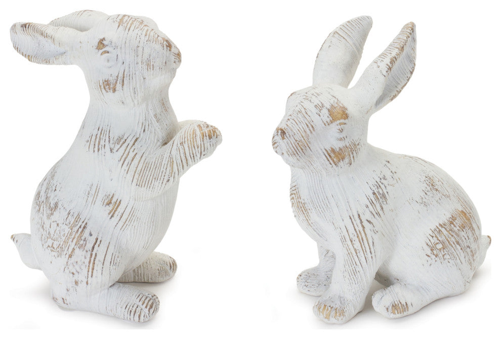 White Washed Rabbit Figurine, 2-Piece Set