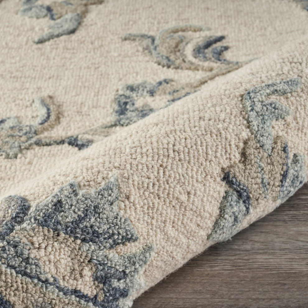 5" Round Beige and Blue Filigree Area Rug