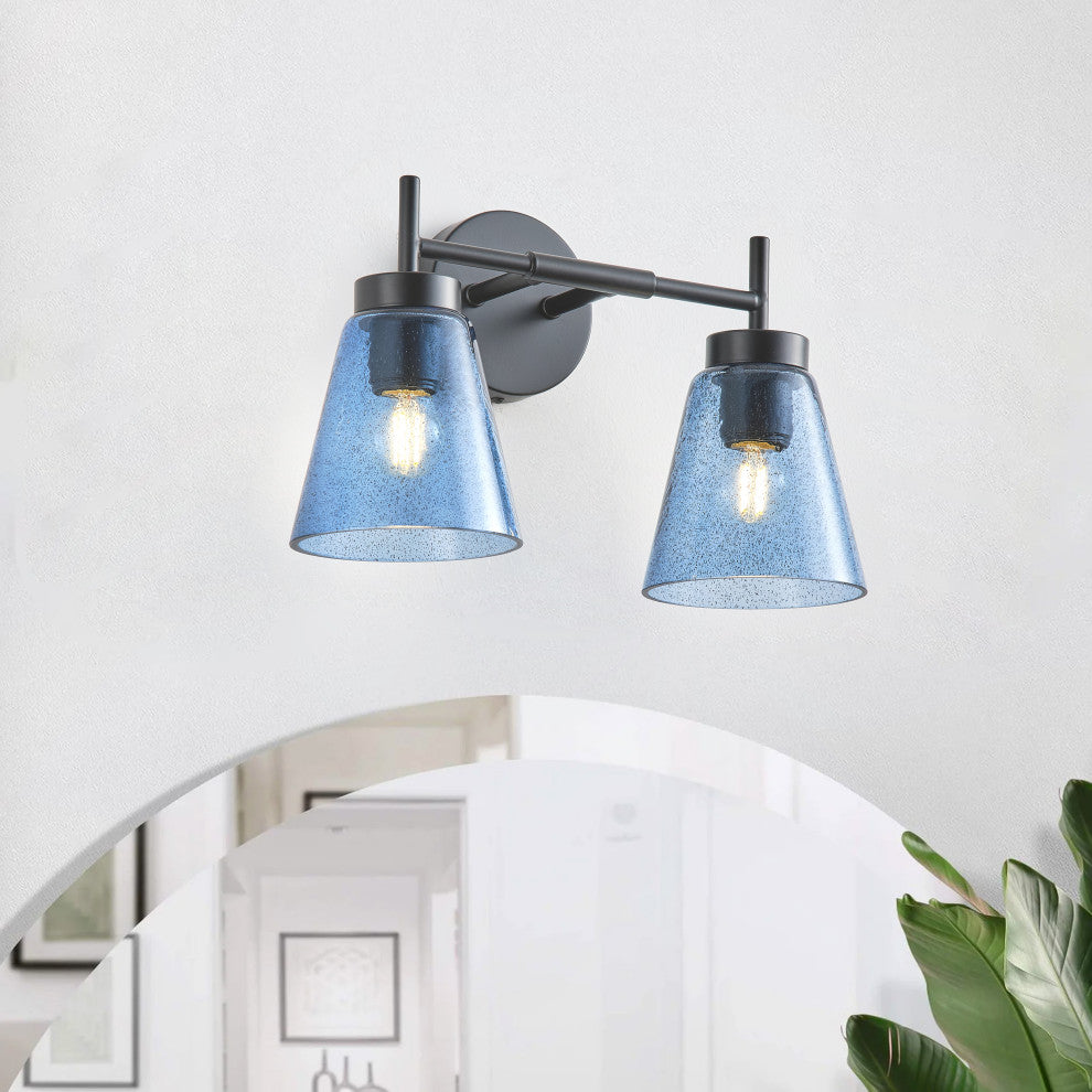 Modern Black 2-Light Wall Light with Blue Seeded Glass Shade