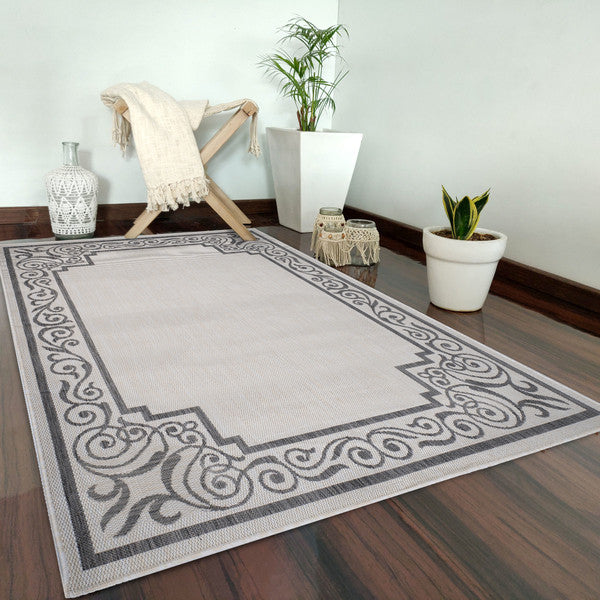 5" x 7" Gray Ornate Border Indoor Outdoor Area Rug