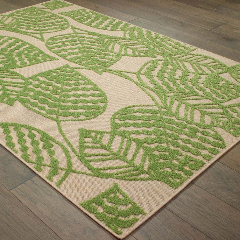 HomeRoots 9' x 12' Sand and Lime Green Leaves Indoor Outdoor Area Rug