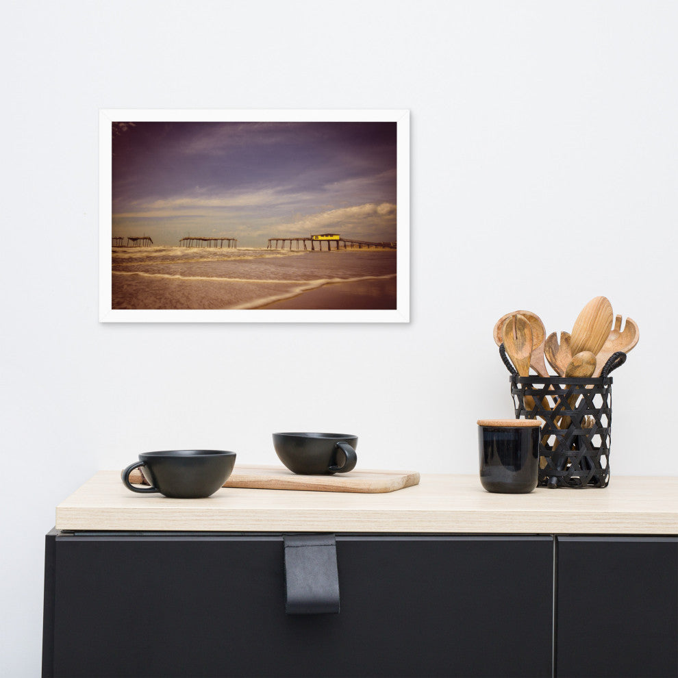 Aged View of Frisco Pier Coastal Framed Photo Paper Print, White, 12" X 18"