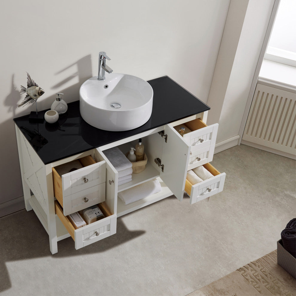 48"? Vanity in White with Glass Countertop with White Vessel Sink With Mirror