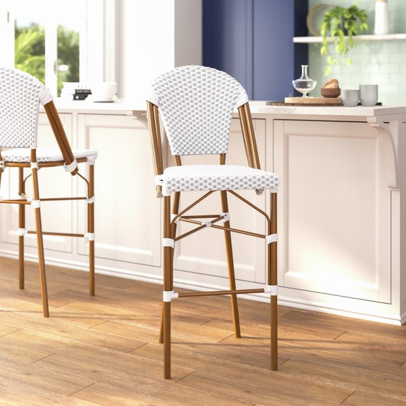 Set of 2 Stackable Indoor/Outdoor French Bistro 30" Bar Stools, White & Gray/Natural Frame