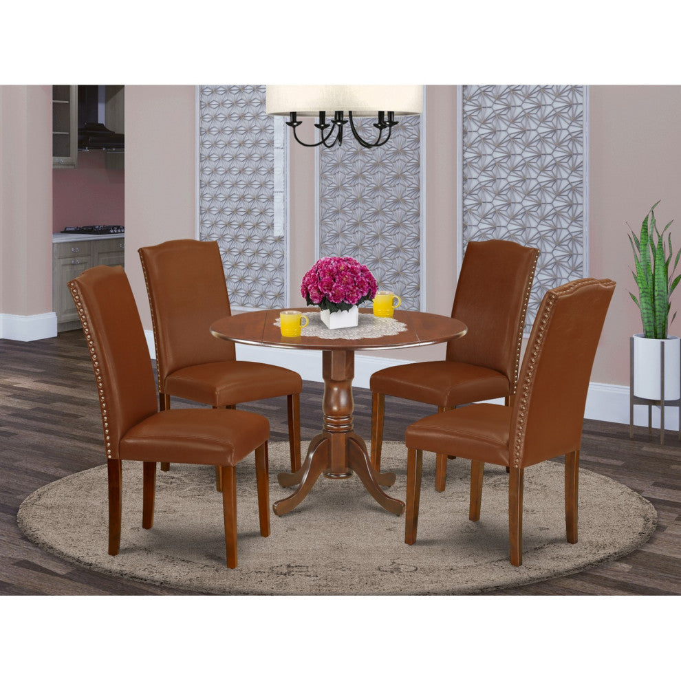 5Pc Round 42" Kitchen Table, Two 9"Drop Leaves, Four Chair, Brown Flaux Leather