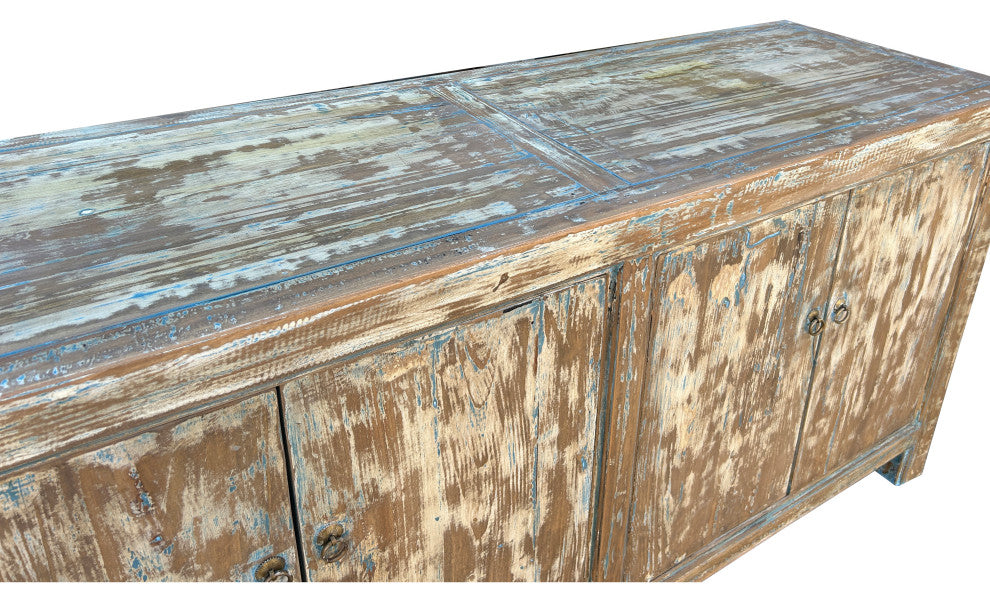 Distressed Bleached White Blue Wash Rough Wood Credenza Console Cabinet Hws4340