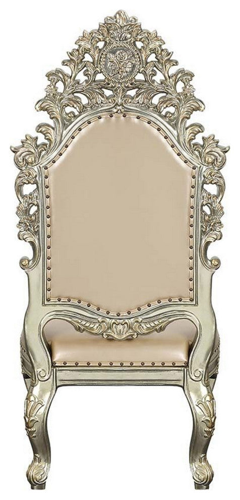 Benzara BM280529 27" Leather Dining Chair, Set of 2, Ornate Carved, Gold, Beige