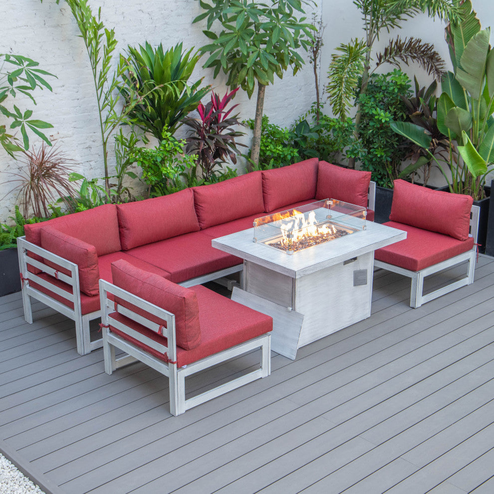 LeisureMod Chelsea 7-Piece Gray Patio Sectional With Fire Pit Table, Red