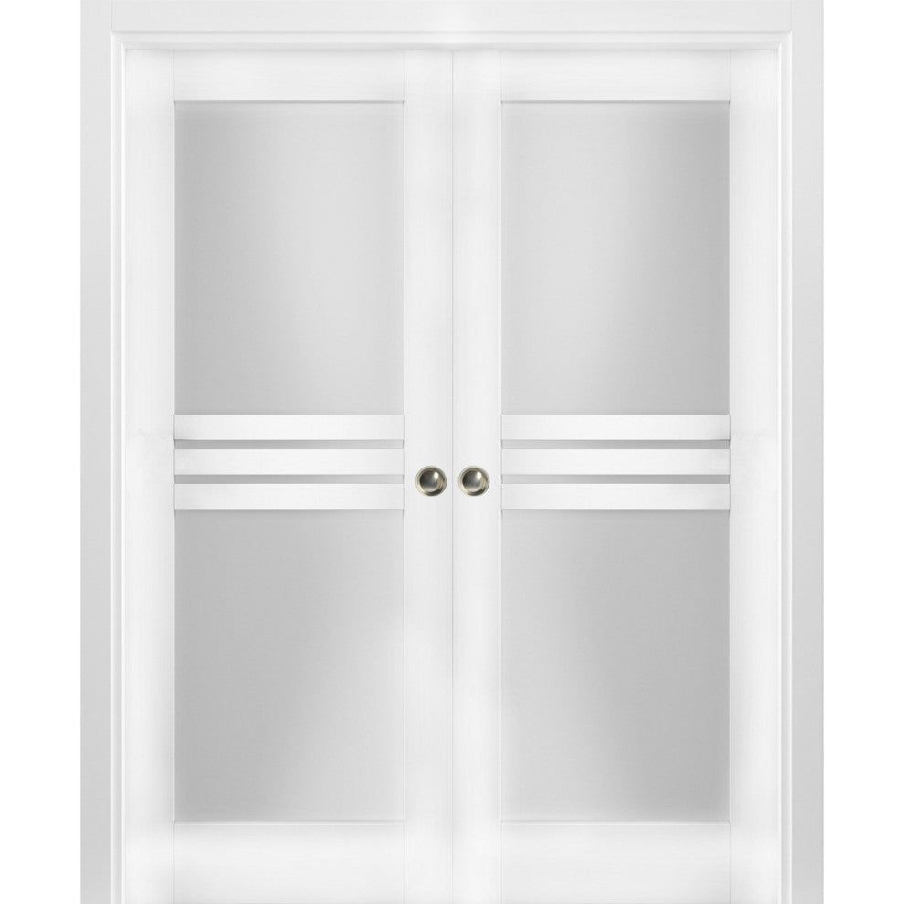 Sliding Interior Double Pocket Doors 64x84 in Opaque Glass| Mela 7222 White Silk