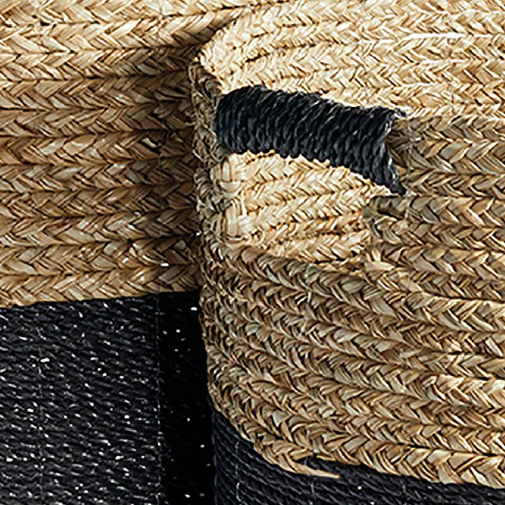 Set 2 Contemporary Casual Natural Black Round Tall Tote Baskets Handles Large