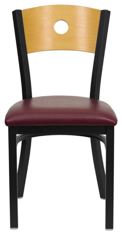 Black Circle Back Metal Dining Chair, Natural Wood Back/Burgundy Vinyl Seat/Blac