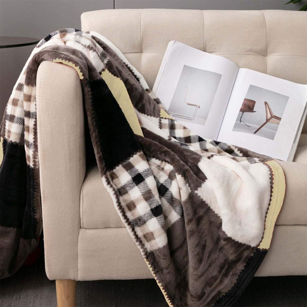Plaid Buttermilk Yellow Brown Patchwork Plush Fleece Throw Blanket, 63"