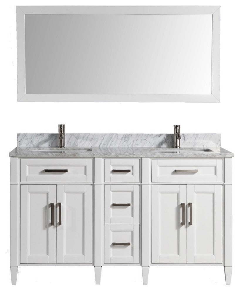 Vanity Set With Carrara Marble Top, 60", White, Standard Mirror
