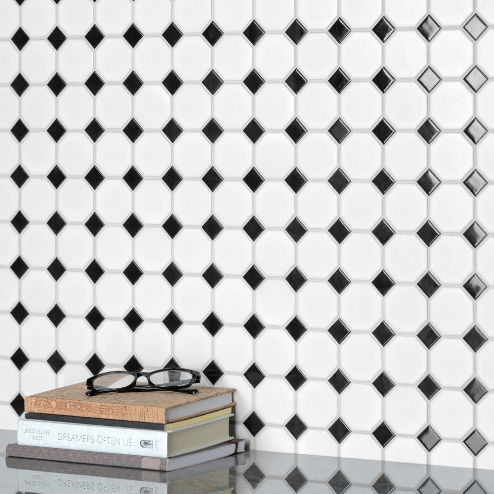 Metro Octagon Matte White w/ Black Dot Porcelain Floor and Wall Tile
