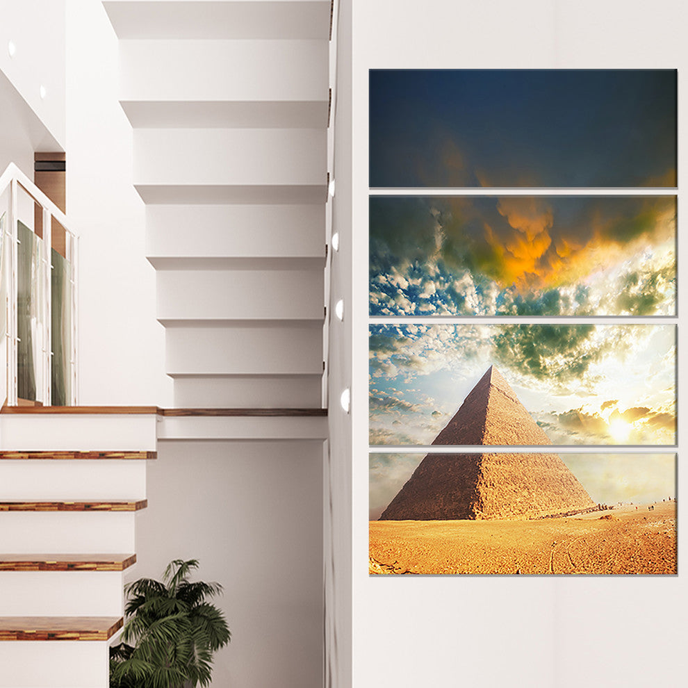 Egyptian Pyramid under Cloudy Skies, Landscape Canvas Art, 28"x48", 4 Panels