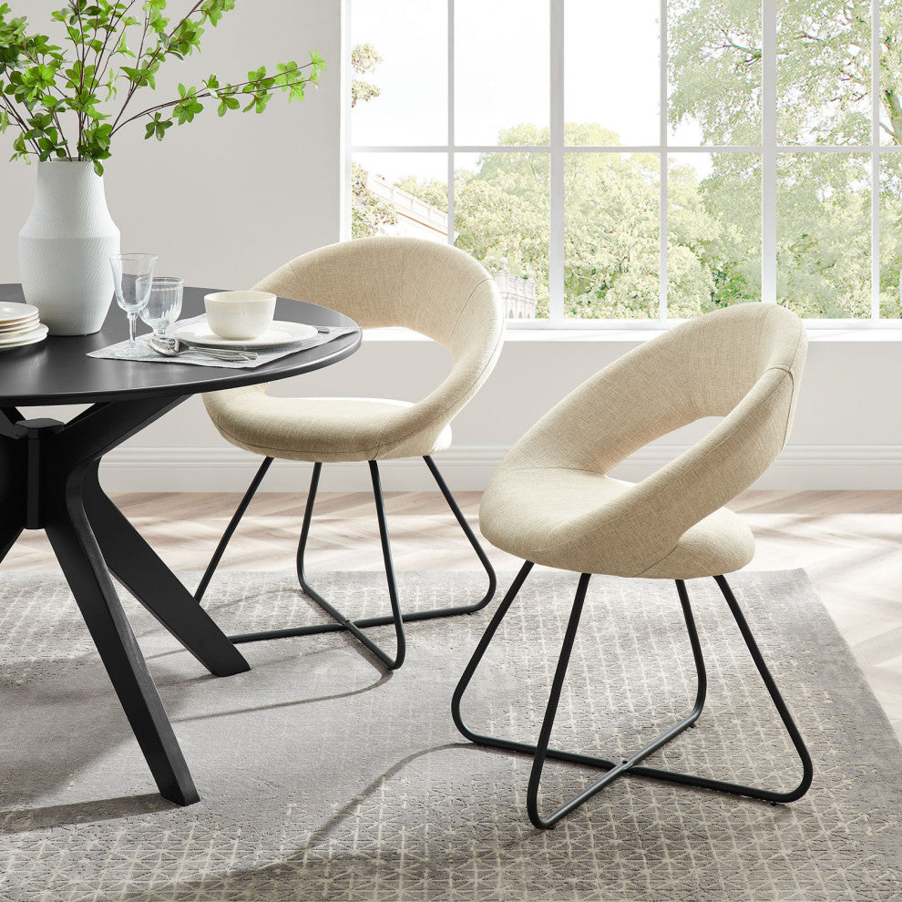 Dining Chair, Set of 2, Beige Black, Fabric, Modern, Cafe Bistro Hospitality