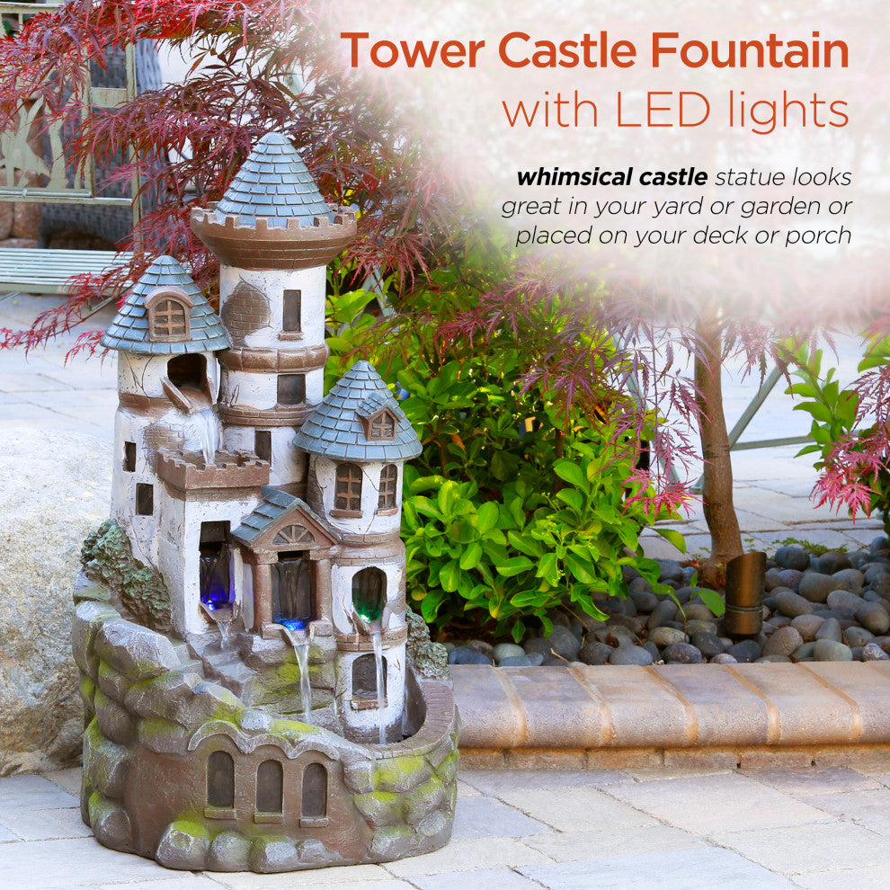 35" Tall Outdoor Tower Castle Fountain with Color Changing LED Lights
