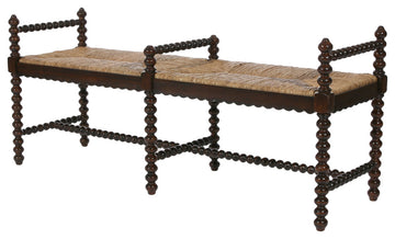 Isle of Man 60" Mahogany and Rush Accent Bench, Bobbin-Turned