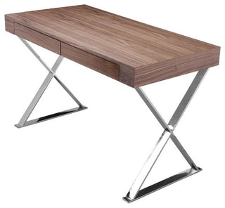 Pemberly Row Modern Wood Veneer & High Polished Steel Desk in Walnut