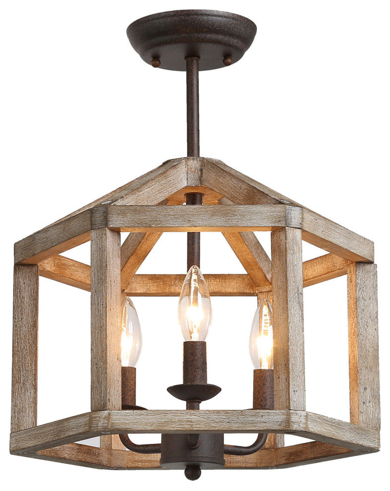 LNC Farmhouse 3-Light Bronze Square Wood Semi-Flush Mount Lighting