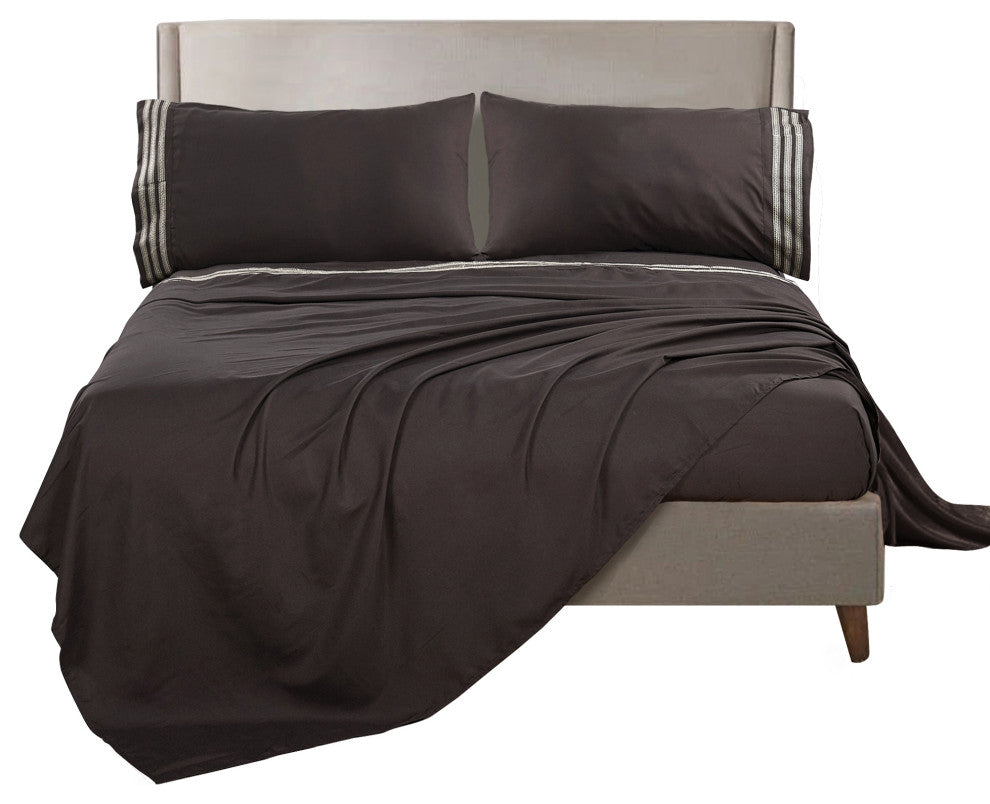 Serenta Trois Embroidered 4 Piece Bed Sheet Set, Chocolate, Twin