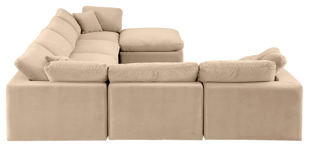 Comfy Upholstered U-Shaped Modular Sectional, Beige, 7-Piece: 3 Armless Chair, 3 Corner Chair, 1 Ottoman, Velvet
