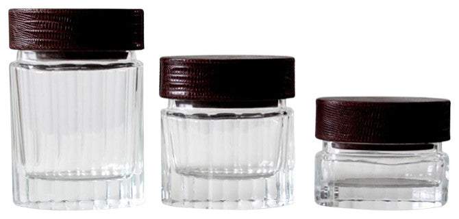Consigned, Vintage Glass Jars With Leather Lids Set of 3