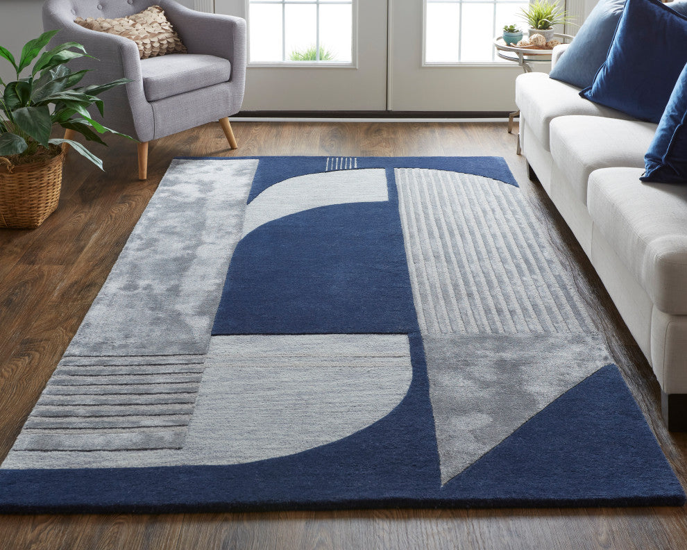 Weave & Wander Cutlor Graphic Wool Rug, Navy Blue/Silver Gray, 3ft-6in x 5ft-6in