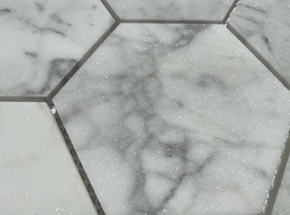 4" Honed Hexagon Carrara White Venato Carrera Marble Mosaic Floor Tile, 1 sheet