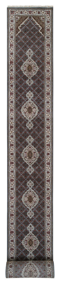 Light Gray Hand Knotted Tabriz Mahi Wool and Silk Runner Oriental Rug 2'6"x26'1"