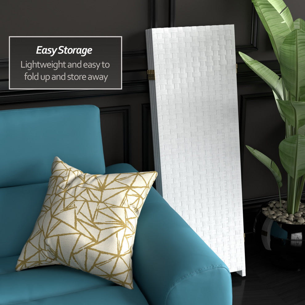 4' Tall Woven Fiber Room Divider, White, 4 Panel