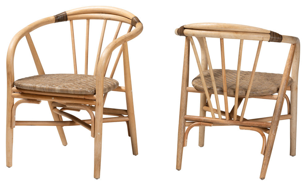 Kyoto Modern Bohemian Natural Brown Rattan 2-Piece Dining Chair Set