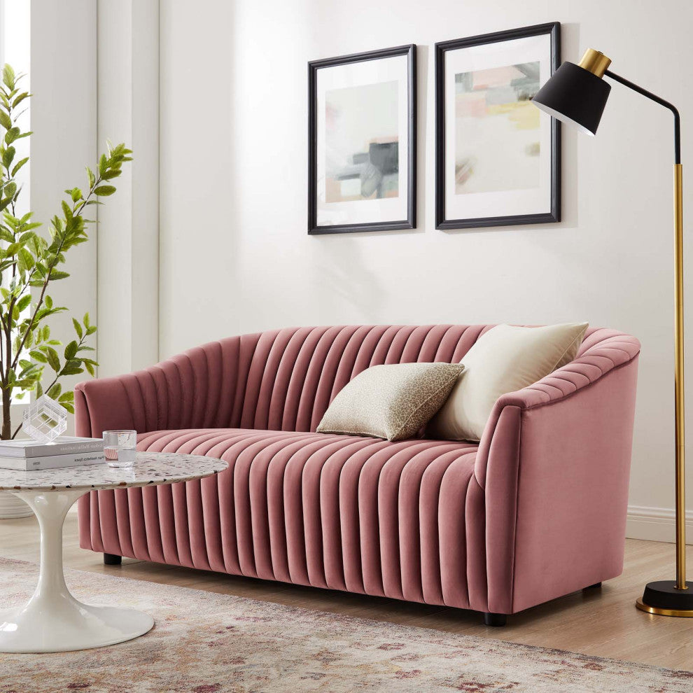 Tufted Loveseat Sofa, Pink, Velvet, Modern, Mid Century Hotel Lounge Cafe Lobby