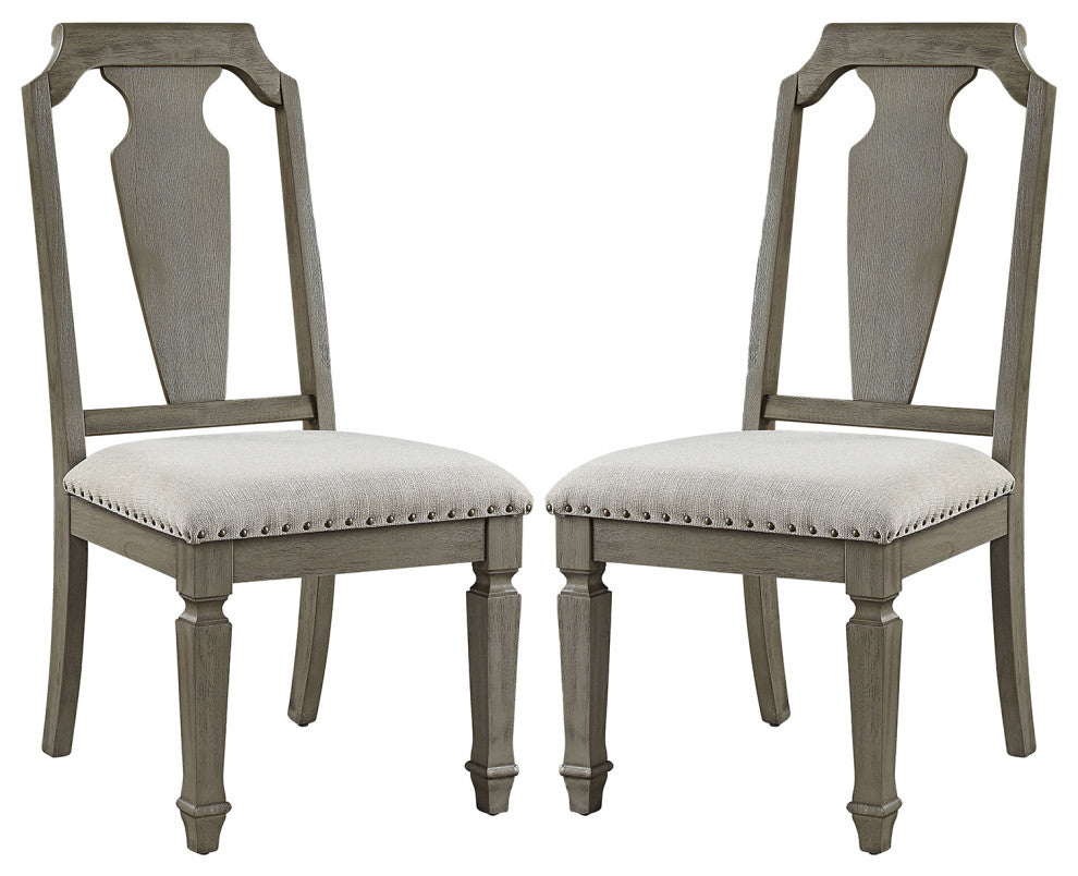 Set of 2 Beige Linen Side Chair, Weathered Oak