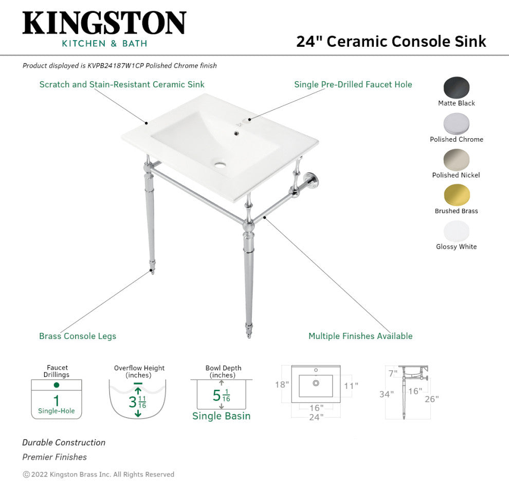 Fauceture KVPB24187W1MB 24" Console Sink, Legs, Single Hole