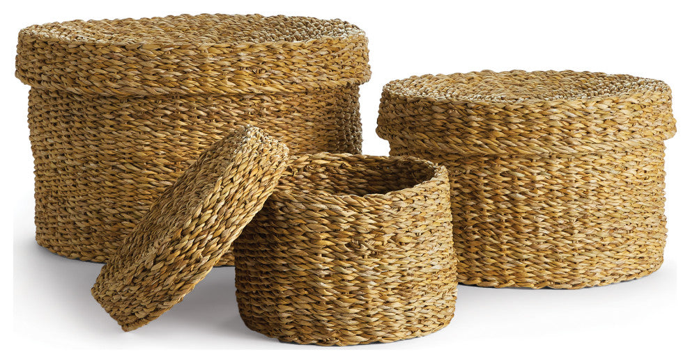 Seagrass Round Lidded Baskets, Set of 3