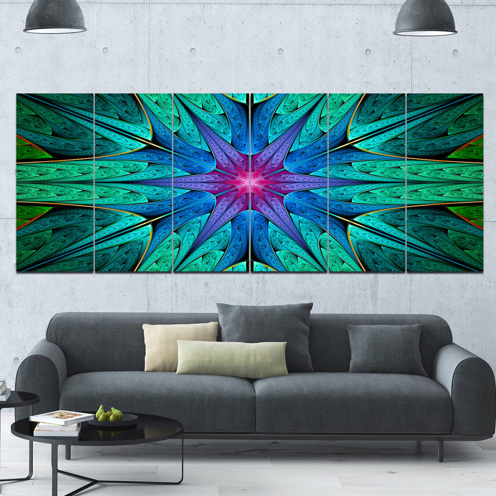 Turquoise Star Fractal Stained Glass, Abstract Canvas Print, 70"x28", 6 Panels