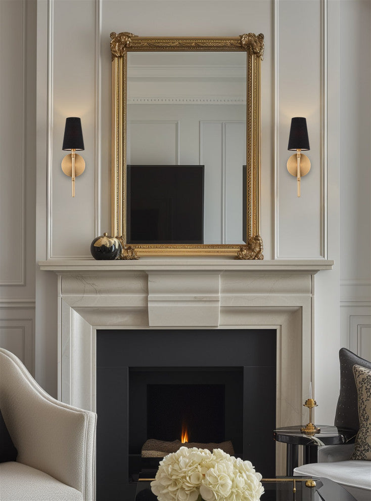 Kira Home Torche II 15" Wall Sconce/Wall Light + Black Linen Shade, Cool Brass