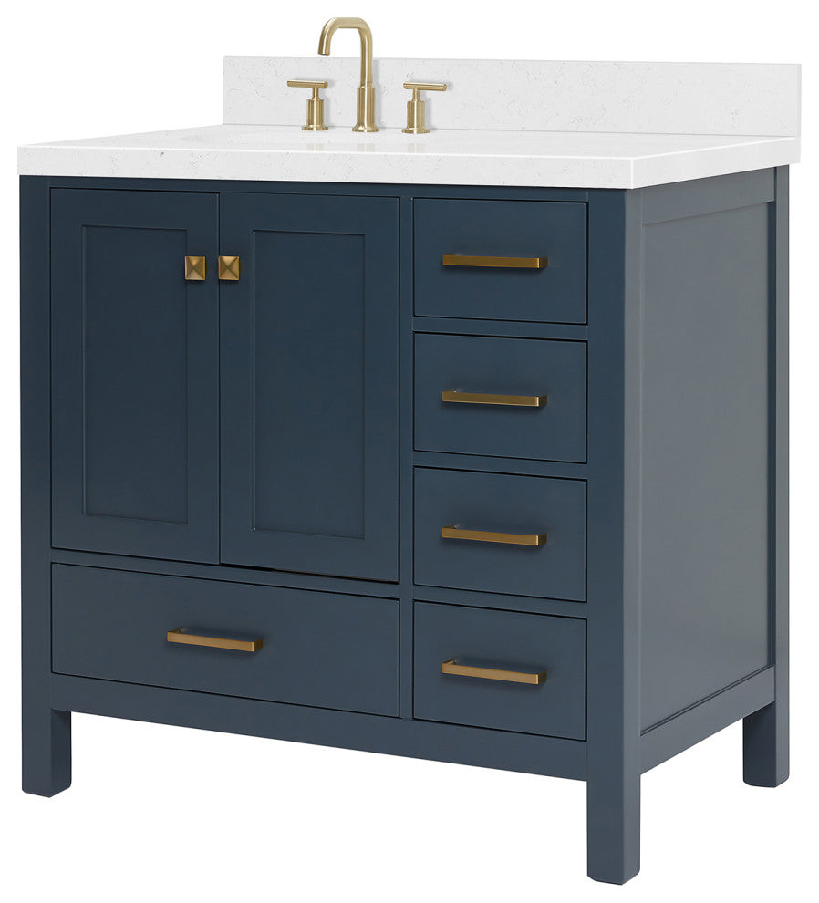 Ariel Cambridge 36" Left Offset Single Oval Sink Vanity, Carrara Quartz, Midnight Blue