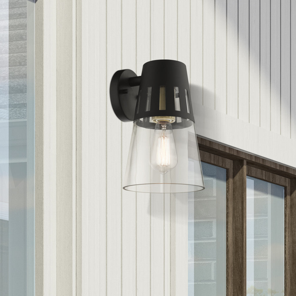 Covington 1-Light Black Outdoor Medium Wall Lantern, Soft Gold Accents