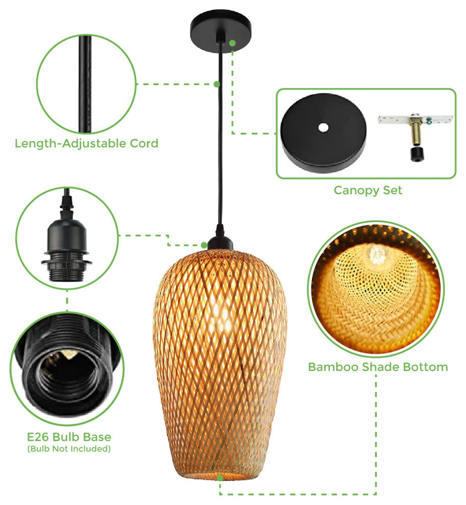 Natural Color bamboo 1 Light rattan hanging light Boho dome light fixtures