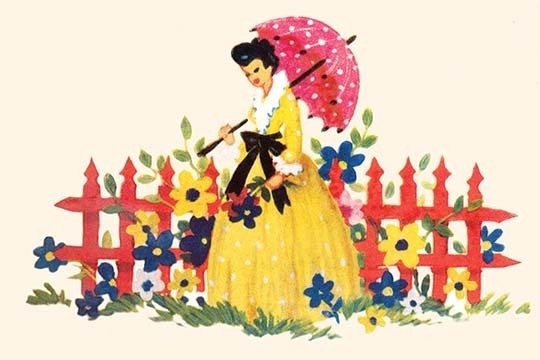 Pretty Maiden and Parasol Along the Flower Fence - Gallery Wrapped Canvas Art